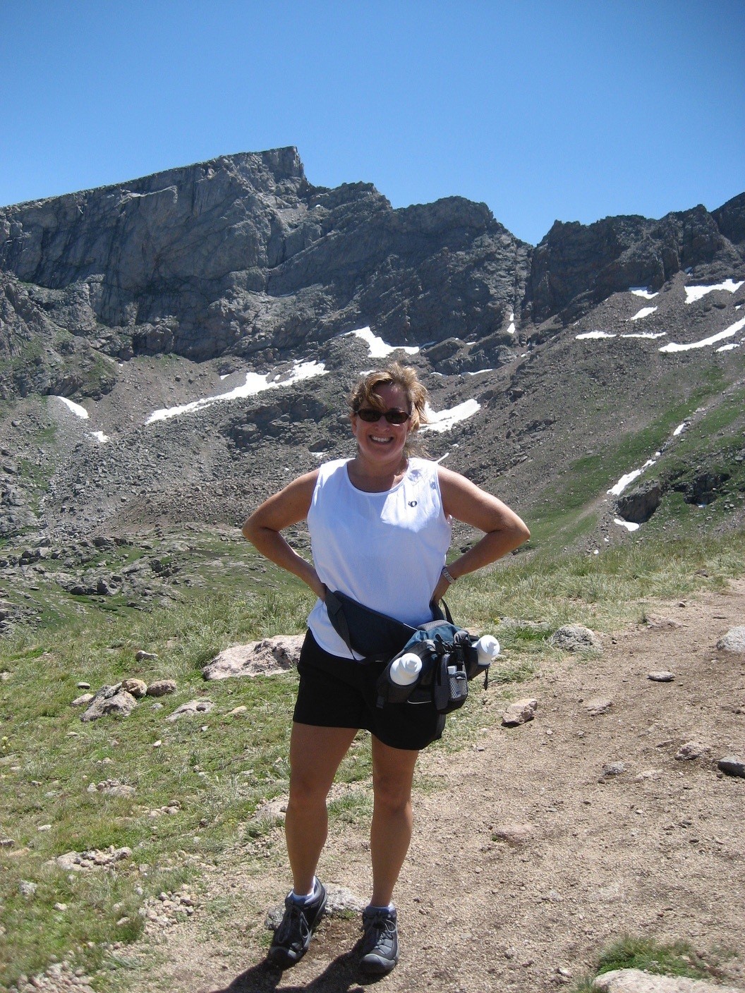 Elizabeth on a hike  in Wyoming in her early years of cancer treatment.